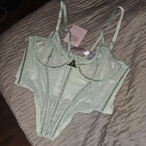 Savage Fenty Lingerie, Green Mist, Going Platinum Mesh Bustier, Adjustable, L